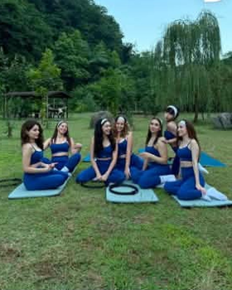 Doğada çimenlerin üzerinde grup pilates seansı